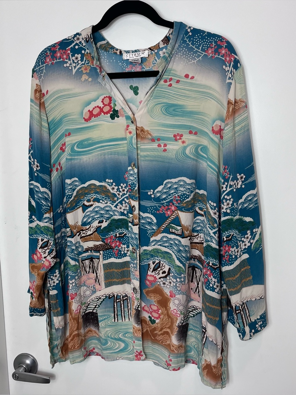 Citron Santa Monica Silk Blue Floral Asian Inspired Blouse Tunic Top Button Long